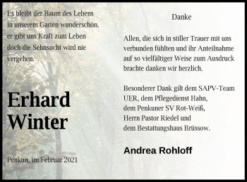 Traueranzeige von Erhard Winter von Pasewalker Zeitung