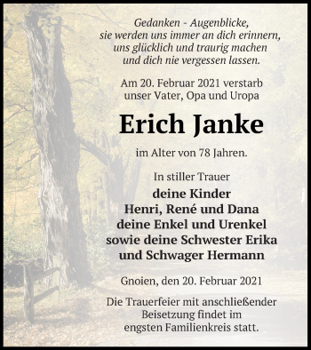 Traueranzeige von Erich Janke von Mecklenburger Schweiz