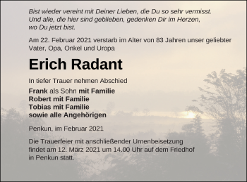 Traueranzeige von Erich Radant von Pasewalker Zeitung