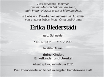 Traueranzeige von Erika Biederstädt von Neubrandenburger Zeitung