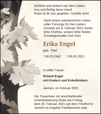 Traueranzeige von Erika Engel von Vorpommern Kurier