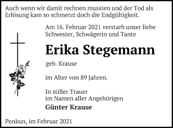 Traueranzeige von Erika Stegemann von Pasewalker Zeitung