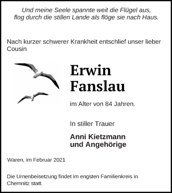 Traueranzeige von Erwin Fanslau von Müritz-Zeitung
