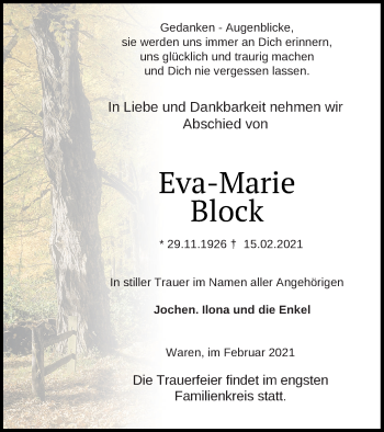 Traueranzeige von Eva-Marie Block von Müritz-Zeitung
