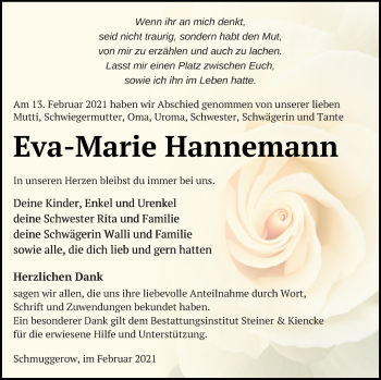 Traueranzeige von Eva-Marie Hannemann von Vorpommern Kurier