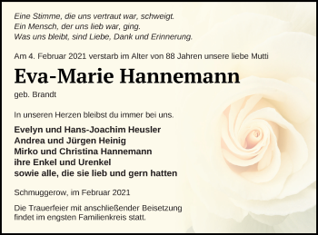 Traueranzeige von Eva-Marie Hannemann von Vorpommern Kurier