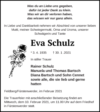 Traueranzeige von Eva Schulz von Prenzlauer Zeitung