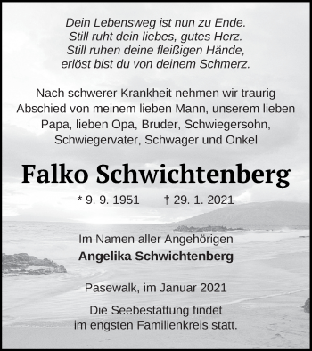 Traueranzeige von Falko Schwichtenberg von Pasewalker Zeitung