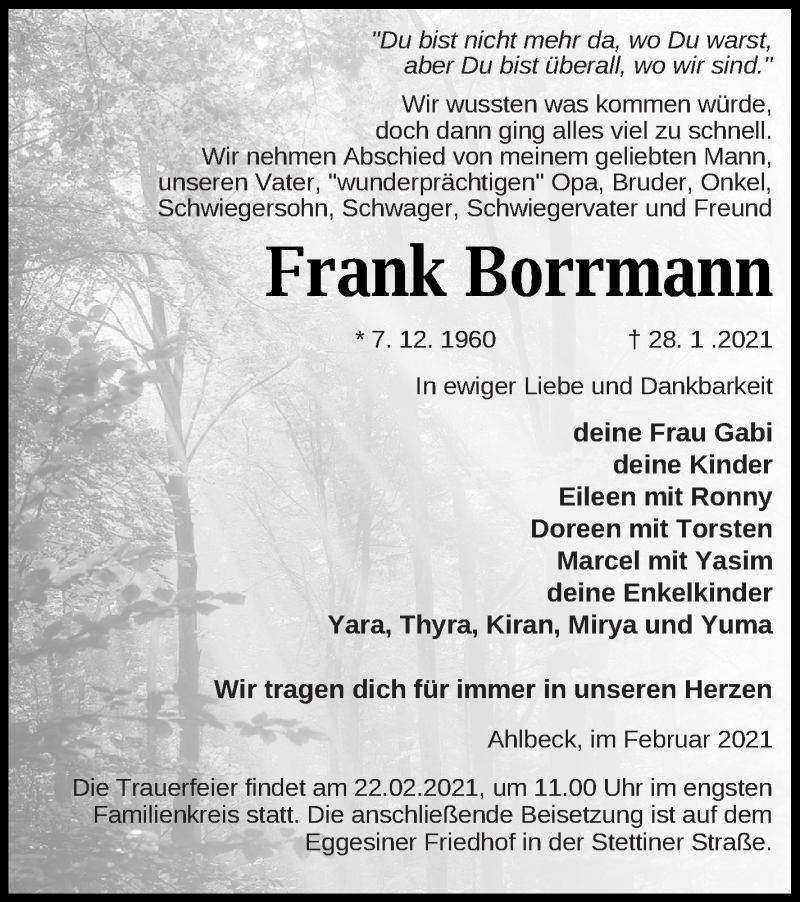  Traueranzeige für Frank Borrmann vom 12.02.2021 aus Haff-Zeitung