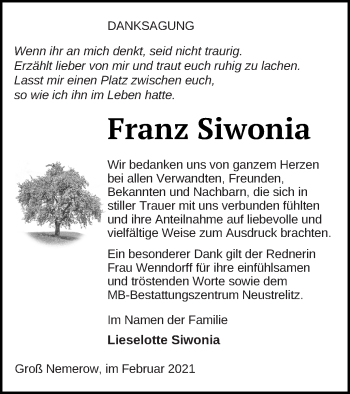 Traueranzeige von Franz Siwonia von Neubrandenburger Zeitung