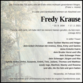 Traueranzeige von Fredy Krause von Strelitzer Zeitung