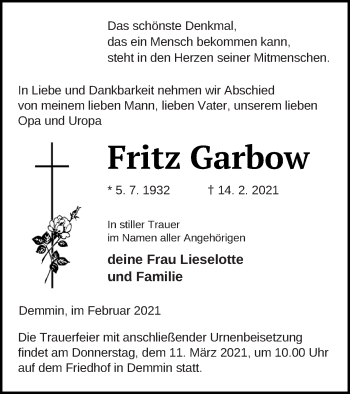 Traueranzeige von Fritz Garbow von Demminer Zeitung