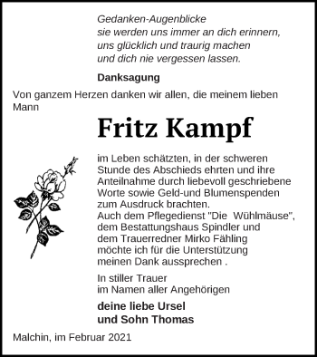 Traueranzeige von Fritz Kampf von Mecklenburger Schweiz