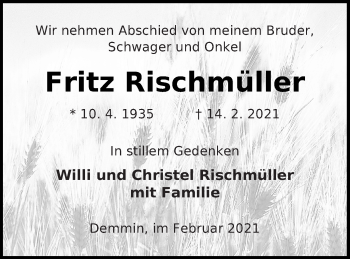 Traueranzeige von Fritz Rischmüller von Demminer Zeitung