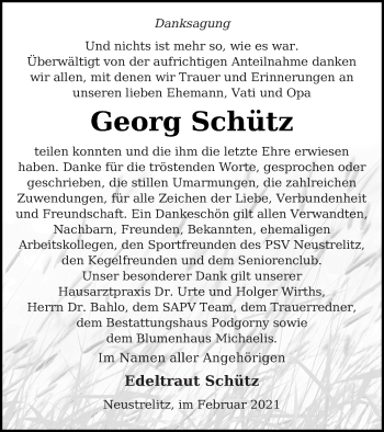 Traueranzeige von Georg Schütz von Strelitzer Zeitung