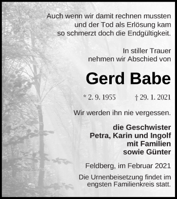 Traueranzeige von Gerd Babe von Strelitzer Zeitung