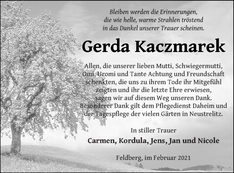  Traueranzeige für Gerda Kaczmarek vom 09.02.2021 aus Strelitzer Zeitung