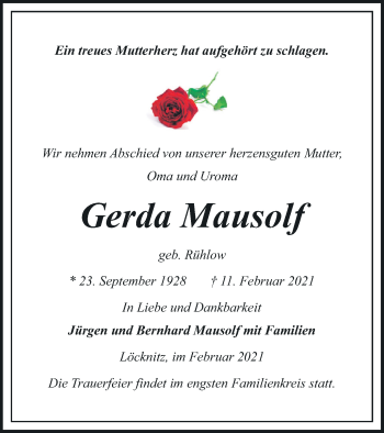 Traueranzeige von Gerda Mausolf von Pasewalker Zeitung