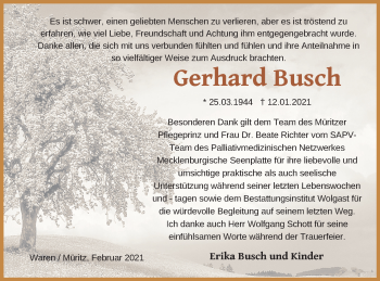 Traueranzeige von Gerhard Busch von Müritz-Zeitung