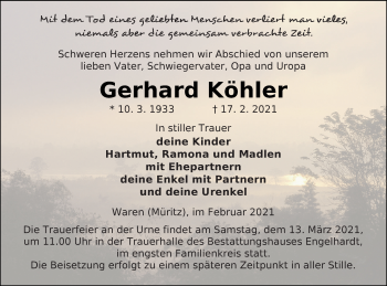 Traueranzeige von Gerhard Köhler von Müritz-Zeitung