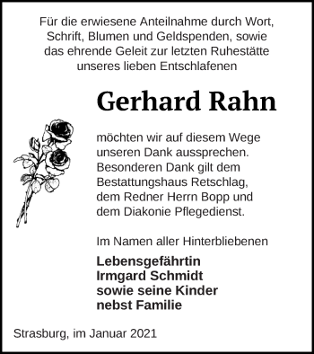 Traueranzeige von Gerhard Rahn von Pasewalker Zeitung