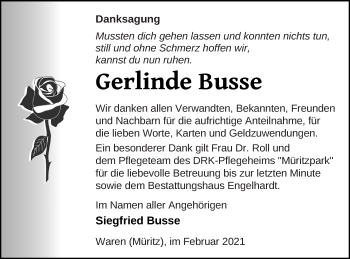 Traueranzeige von Gerlinde Busse von Müritz-Zeitung