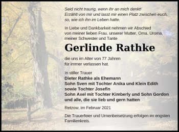 Traueranzeige von Gerlinde Rathke von Müritz-Zeitung