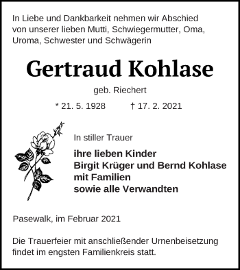 Traueranzeige von Gertraud Kohlase von Haff-Zeitung