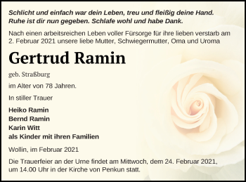 Traueranzeige von Gertrud Ramin von Pasewalker Zeitung