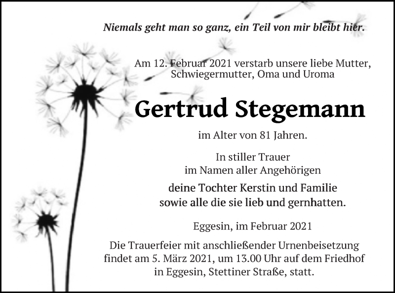  Traueranzeige für Gertrud Stegemann vom 26.02.2021 aus Haff-Zeitung