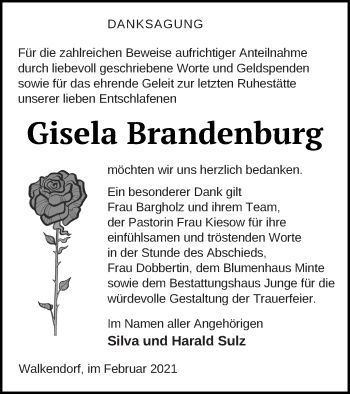 Traueranzeige von Gisela Brandenburg von Mecklenburger Schweiz