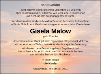 Traueranzeige von Gisela Malow von Müritz-Zeitung