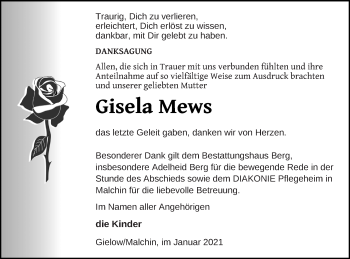 Traueranzeige von Gisela Mews von Mecklenburger Schweiz