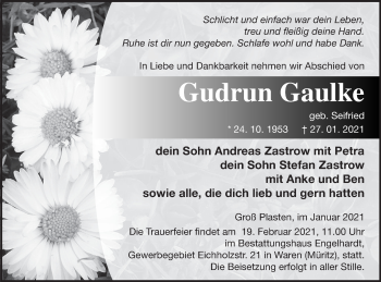 Traueranzeige von Gudrun Gaulke von Vorpommern Kurier