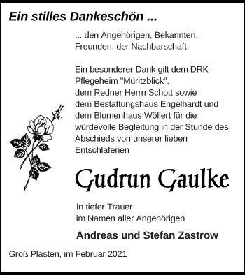 Traueranzeige von Gudrun Gaulke von Vorpommern Kurier