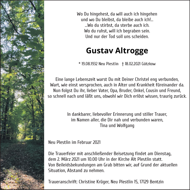  Traueranzeige für Gustav Altrogge vom 23.02.2021 aus Vorpommern Kurier