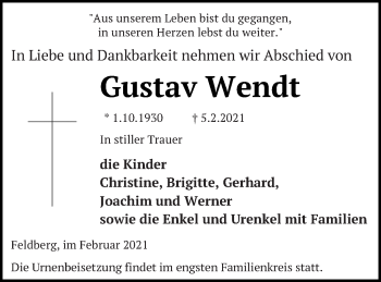 Traueranzeige von Gustav Wendt von Strelitzer Zeitung