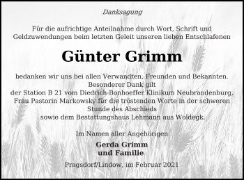 Traueranzeige von Günter Grimm von Neubrandenburger Zeitung