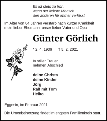 Traueranzeige von Günter Görlich von Haff-Zeitung