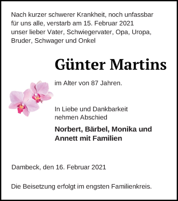 Traueranzeige von Günter Martins von Müritz-Zeitung