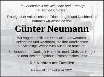 Traueranzeige von Günter Neumann von Pasewalker Zeitung