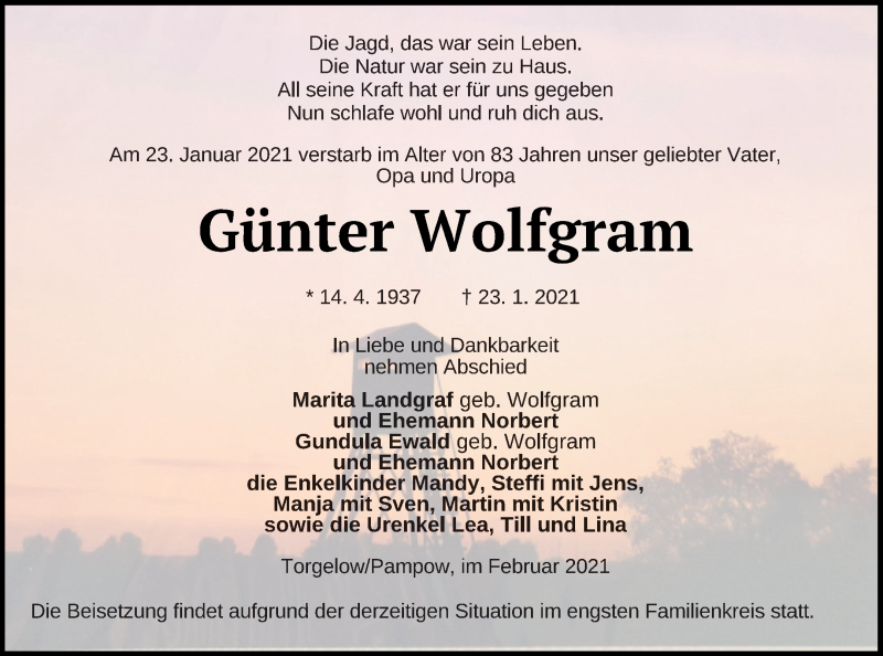  Traueranzeige für Günter Wolfgram vom 05.02.2021 aus Pasewalker Zeitung