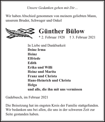 Traueranzeige von Günther Bülow von Gadebusch-Rehnaer Zeitung