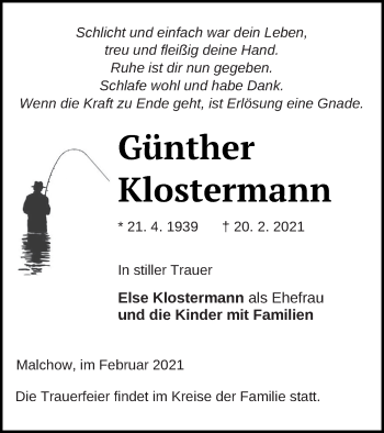 Traueranzeige von Günther Klostermann von Müritz-Zeitung