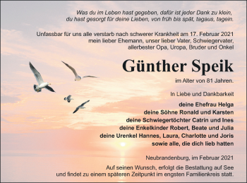 Traueranzeige von Günther Speik von Vorpommern Kurier