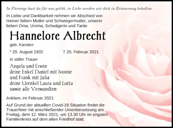 Traueranzeige von Hannelore Albrecht von Vorpommern Kurier