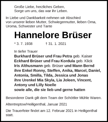 Traueranzeige von Hannelore Brüser von Neubrandenburger Zeitung