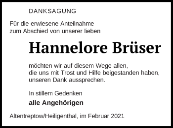 Traueranzeige von Hannelore Brüser von Neubrandenburger Zeitung