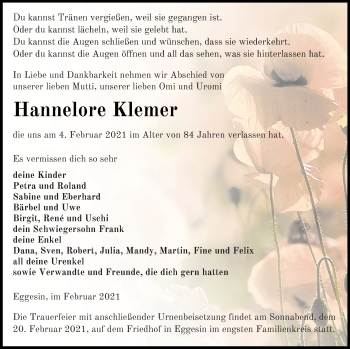 Traueranzeige von Hannelore Klemer von Haff-Zeitung