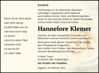 Traueranzeige von Hannelore Klemer von Haff-Zeitung